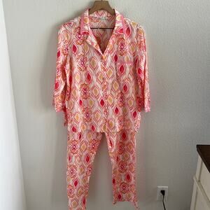 Oscar De La Renta 100% Cotton Pajama Set Pink Orange Design Colorful Medium